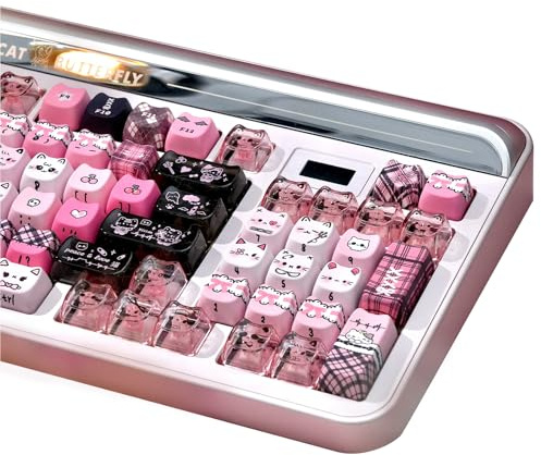 Hyekic 26 Keys Crystal Jelly Personalized Keycaps, PC Material Cute Black Pink Cat Transparent Custom Keycaps, Mao Profile Keycap for DIY MX Swithes Mechanical Keyboards