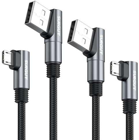 SUNGUY Cavo Micro USB angolato a 90° - connettori a gomito per spazi stretti, ricarica salvaspazio per vecchi telefoni, TV Stick, altoparlanti, e-reader - 1m, 2 pezzi, grey