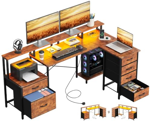 IRONCK Schreibtisch L Form Gaming Tisch mit LED & Steckdosen 2AC+1USB+1C, 189x100cm Eckschreibtisch mit 6 Schubladen&Monitorständer, Reversible Computertisch mit Stauraum für Home Office Vintage-braun
