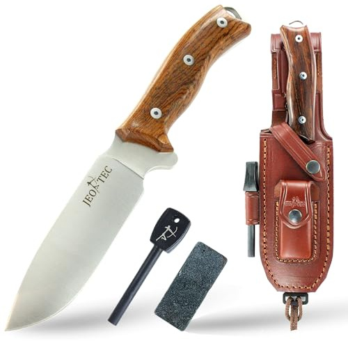 JEO-TEC Nº7 Outdoor Camping Gürtelmesser Jagdmesser Überlebensmesser Survival Bushcraft Messer - Deutsche Stahl BÖHLER N690C - Lederscheide + Feuerstahl + Messerschärfer
