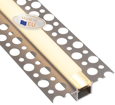 Alupona Feda LED-Trockenbauprofil Aluminium eloxiert I 2m x 1,30cm x 1,40cm I Profilleiste für LED Streifen bis 10mm Breite I Ideal für Rigipsplatten I Trockenbauschiene + Acryl Abdeckung milchig