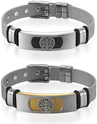 Flongo Herren-Armband Männer Armreif, Edelstahl Armband für Männer Armreif Baum des Lebens Tree of Life Lebensbaum Mesh Band Kette Armkette Silber Gold Schwarz Verstellbar
