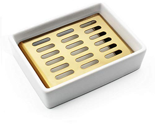 Seifenschale, Keramikschale, YOCZOX Seifenhalter, Keramik Sitz, Seifenablage, Seifenkiste, Seifen Box, Seifenretter (Weiß+Gold)