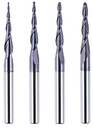 SpeTool 4 Stück 2 Flöten Kugelkopffräser mit Konischer Spitze Fräser CNC R0,25mm-1,0mm Gravierfräser 4mm Schaft VHM Fräser für Oberfräse mit TiAlN Beschichtung Schaftfräser für 2D und 3D Gravur