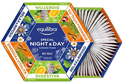 Equilibra Integratori Alimentari Tisane, Cofanetto Night & Day Collection, 100% Ingredienti Funzionali, Selezione di 3 Diverse Tisane, Materiali 100% Riciclabili, Box Regalo, 60 Filtri