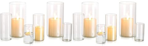 Glasseam Kerzenhalter Glas Set Kerzenständer Glaszylinder(S+M+L, 4 Sätze) | 3 Verschiedene Größen, Für Stumpenkerzen Teelicht Pampasgras, Vasen, Hochzeit, Tischdeko, Zylinder Deko, Wohnzimmer