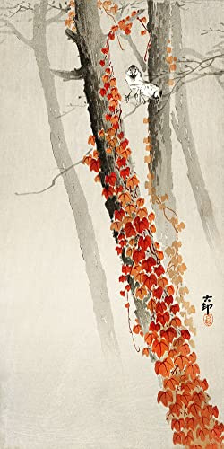 ART PRINT CAFE' - Tableau japonais - Impression sur toile - Ohara Koson, Lierre rouge - 120 x 60 cm