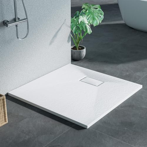 Heilmetz SMC Duschwanne 90 x 90 cm flache 2,6 cm, Steinoptik Weiß | Pflegeleichte SMC Duschtasse mit rutschhemmender Steinoptik, 2,6 cm Höhe und 90 mm Ablauföffnung für flexible Montage