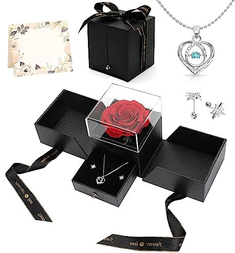 Ticeed Ewige Rose Set Konservierte Rosen mit Herz Halskette Ohrringe Handgefertigte Schmuck Geschenkbox Valentinstag Muttertag Jahrestag Geburtstag Geschenke