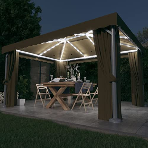 FIRBNUS Cenador con Cortina y Tira de Luces LED Aluminio taupé 4x3 m Cenadores Terraza Exterior Cenadores para Jardin Toldos para Patio Pergolas De Jardin Ideal para Cualquier Evento Al Aire Libre