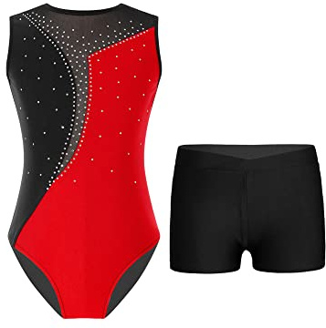 iEFiEL Mädchen Glitzer Turnanzug Ärmellose Leotards Rückenfrei Ballettanzug mit Strass Ballettkleidung Gymnastikbody Tanzkostüm Vc Rot schwarz 146-152