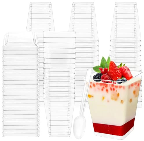 EOGRFW 50 Stück Dessertbecher, 150ml, Quadratisch, Wiederverwendbar | Dessertbecher, Desserttassen, Deckel und Löffeln, Mini Dessertschalen Set, DIY Dessert, Pudding, Mousse, Eis, Picknick
