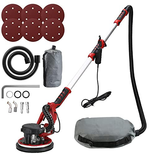 Levigatrice per cartongesso Levigatrice elettrica Pieghevole per muri da 800 W con luci LED a Due Piani, velocità Regolabile, 800-1800 Giri/min, Sistema di aspirazione Automatico Antipolvere e 12 di