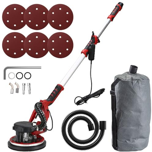 Levigatrice per Muro Telescopica1390W, Diam.225mm, Impugnatura Telescopica fino a 200 cm, Attacco per Aspiratore, incl Carte Abrasive,Sander+100sandpad
