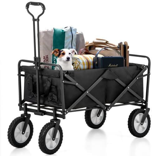 SogesHome Bollerwagen Handwagen Transportwagen Faltbar Zusammenklappbarer Wagon Outdoor All Terrain Trolley Gartenwagen mit Getränkehalter, verstellbare Griffe, 360°Vorderrads