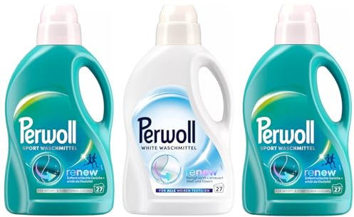 PERWOLL Flüssig-Set 3x 27 Waschladungen (81WL) 2x Sport & 1x White, Hygiene Waschmittel reinigt sanft, entfernt schlechte Gerüche & Feinwaschmittel erneuert Weiß und Fasern