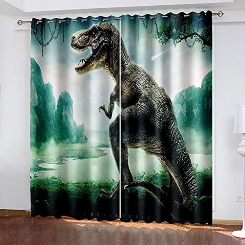 Blickdichter Vorhang Kinderzimmer Schlafzimmer Verdunkelungsvorhänge 3D Dinosaurier-Natur Druck Muster Ösenvorhang 2 Stücke Fenstergardinen Schallschutz Vorhang 264X220Cm (Bxh)