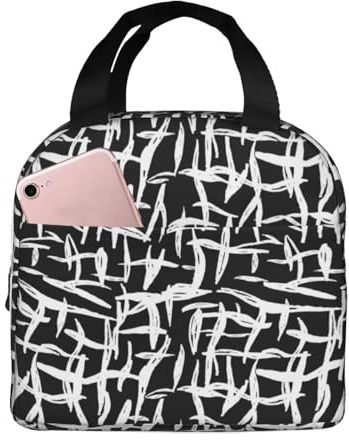 VOSERY Bolsa de almuerzo, lonchera para mujeres, hombres y adultos, patrón de líneas blancas y negras, bolsa de almuerzo aislada, bolsa de almuerzo a prueba de fugas, reutilizable, de gran capacidad