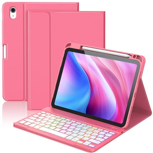 KBCASE Coque Clavier pour iPad A16 11/10 Ème Generation (11 Pouces 2025/10.9 Pouces 2022) Étui Keyboard Bluetooth pour iPad 10eme/11eme avec 7 Couleurs Rétroéclairées,Porte Crayon,AZERTY Français,Red