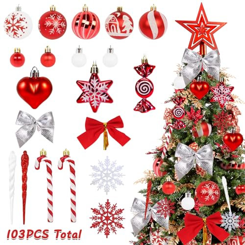 CaiTang Set di 103 Pezzi Palline di Natale, Accessori Decorativi per L'Albero di Natale, Addobbi Natalizie in Rosso e Bianco, Diverse Forme di Palline ed Un Puntale per Albero di Natale