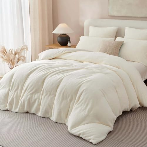 Lanqinglv Plüsch Bettwäsche 155x220 Teddy Fleece Weiß Flauschige Bettwäsche Set Cashmere Touch,ÖKO-TEX Warme Winterbettwäsche Thermo Wende Bettbezug und 1 Kissenbezug 80x80 cm mit Reißverschluss