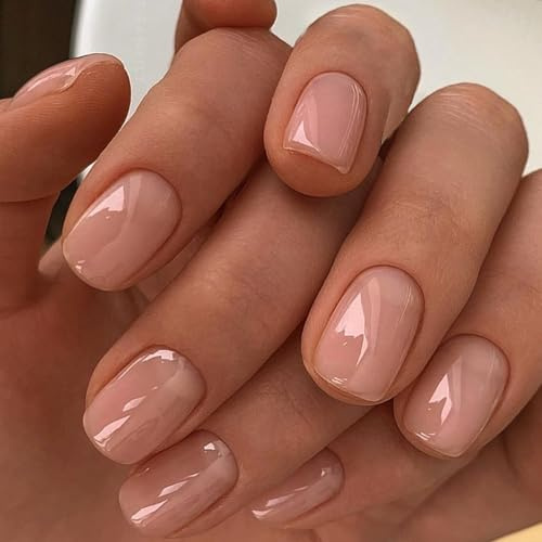 Ceboic 24 Stück French Press on Nails Kurz Eckig, Einfarbig Glossy Nägel Zum Aufkleben Nude Square Kunstnägel Fake Nails, Acryl Full Cover Hautfarbe Fingernägel Künstliche Nägel für Frauen und Mädchen