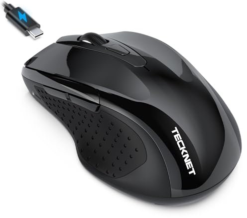 TECKNET Bluetooth Mouse Jiggler, Rechargeable Wireless Mouse (BT 5.0/3.0+2.4G) with Build-in Jiggler Mover Keeps Computer Awake, 4800 DPI Silent Ergonomic 6 Buttons Mouse for Laptop, Black