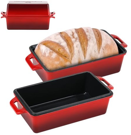 Northriver Casting Kastenform aus emailliertem Gusseisen mit Deckel, perfekte Brotbackform, gleichmäßige Wärmeverteilung für selbstgemachtes Brot, Kuchen, Hackbraten, 2-teiliges Set, Rot