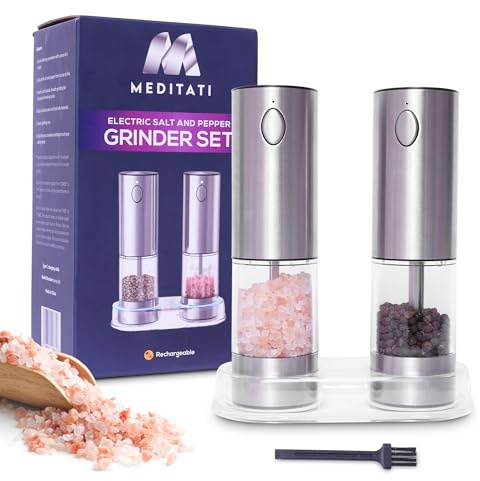 Meditati Electric Salt and Pepper Grinder Set – Rechargeable Automatic Salt and Pepper Grinder Set, Adjustable Coarseness, Stainless Steel, Electric Salt and Pepper Shakers For Kitchen and Restaurants