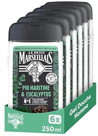 Le Petit Marseillais – Gel Douche Homme Pin Maritime & Eucalyptus (lot de 6 flacons de 250 ml) – Formule 4 en 1 corps, cheveux, visage & barbe – 92% d'ingrédients d'origine naturelle et pH neutre