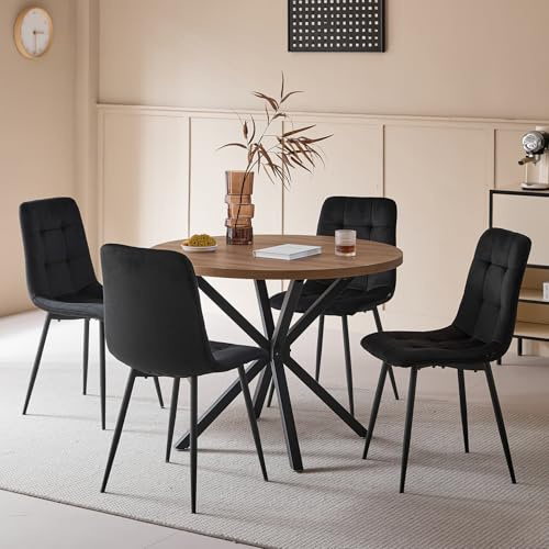 DEYARNA HOME Matsalsset, 100 cm runt matbord med 4 klädd matstol i konstläder, perfekt för kök, vardagsrum, matsal (mörkt trä+svart (holländsk djur))