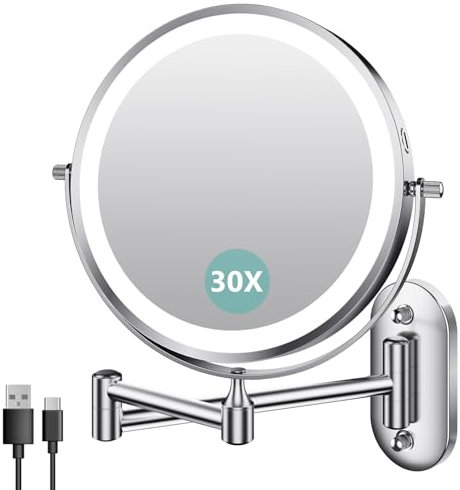Auxmir Specchio Trucco con Ingrandimento 30X/1X, Specchio da Parete a 54 LED 3 Colori di Luce, Specchio Estensibile, Rotazione a 360°, Alimentato da Batterie Ricaricabile 3200mAh, per Bagno Hotel Spa
