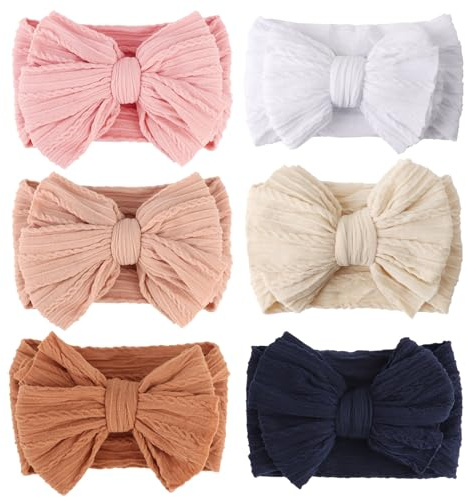 DRESHOW 6 Paket Nylonpannband för Nyfödda Babyflickor och Småbarn Hårband och Rosetter Hårtillbehör