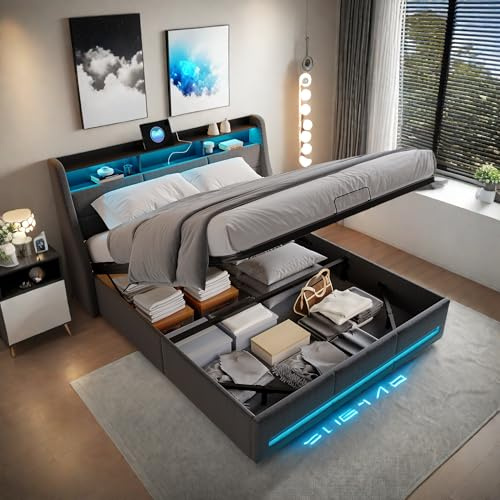 PerGar Cama de 140 x 190 cm con Almacenaje Hidráulica, Cama tapizada LED, Camas Matrimoniales con Cabecero LED y Soporte de Láminas de Madera, Juvenil Moderna, Lino, Gris, sin colchón