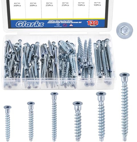 Glarks 130pcs M5 x 35/40/50mm M7 x 40/50/70mm Verzinkt Confirmat Schrauben Kit, Kohlenstoffstahl Hex Socket Drive Self-Tapping Schraube, Hex Socket Möbelschrauben für Schrank
