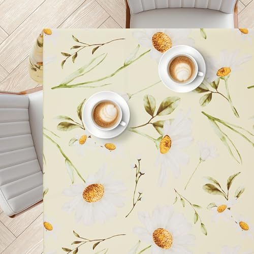 KP Home Tovaglia Plastificata Quadrata 140x140cm - Cerata Tovaglia PVC Antimacchia con Tocco Morbido, Impermeabile e Facile da Pulire, Giallo Motivo Stampa CampestredDi Margherite Bianche Per Giardino