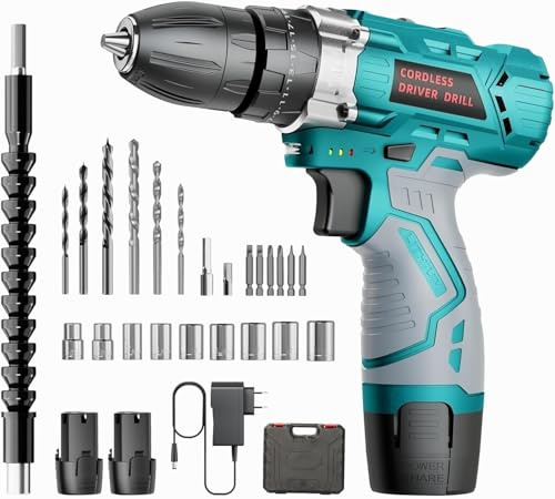 Perceuse Visseuse sans Fil 12V Compacte – Kit Complet pour la Maison : 25 Nm, 2 Batteries 2000 mAh, 25+3 Positions, Coffret 24 Accessoires avec Sac – Idéale pour Montage de Meubles & Bricolage