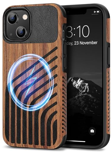 TENDLIN Coque Magnétique Compatible avec iPhone 13 Mini Etui Hybride en Bois et Carbone et Cuir Compatible avec MagSafe (Chevelure)