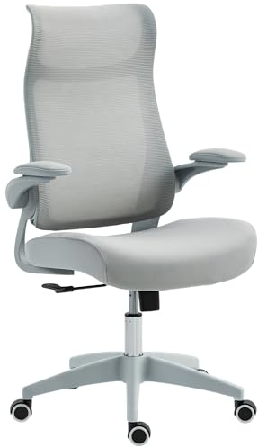 HOMCOM Silla de Oficina Ergonómica Giratoria, con Soporte Lumbar y Reposabrazos 3D Abatibles, Silla de Escritorio de Malla con Reposacabezas Integrado, Función Basculante, Altura Ajustable, Gris