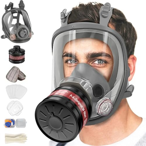 Gasmaske Vollmaske,Vollmaske Atemschutzmaske Staub Survival Nuklear und Chemie mit Aktivkohlefilter,Staubmasken Atemschutz Feinstaub für Gase Dämpfe, Chemikalien (MS80-Vollgesichts Atemschutzmaske)