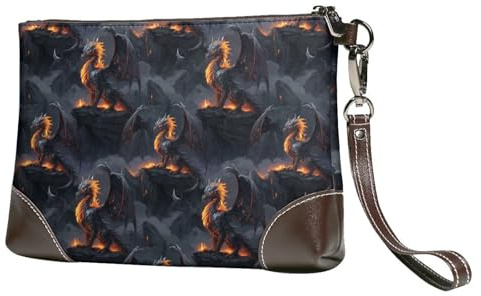 Petit sac à main pour femme – Portefeuille portable en cuir avec dragonne et imprimé dragon de montagne de feu cool