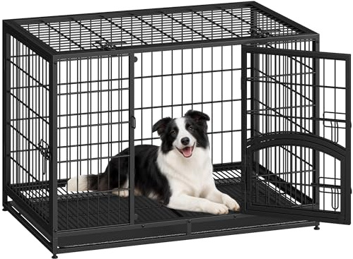 Fobyfurny Robust Hundbur, XL-Hundbur i Metall, med Sidodörr och Uttagbar Bricka, Lätt att Rengöra, Bur med Fyra Dörrar, Inomhusbruk, Svart, 107 x 70 x 75 cm FPDC102FB1