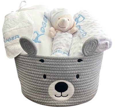 Danielstore Canastilla Bebé Personalizada | Set Regalo para Recién Nacido, | Incluye Manta, dou dou, Toalla baño, Babero Blanco