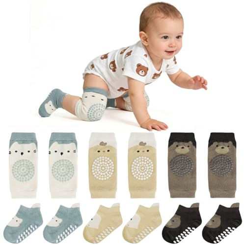 AOOTE 3 Paar Baby Knieschoner und 3 Paar Baby Socken Baby Krabbeln set, Rutschfeste Knieschoner und Socken für Babys mit Gummipunkten