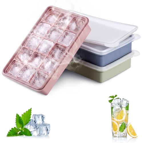 Zourglow 3 Piezas Cubiteras de Hielo de Silicona, 15 Cubitera Cubitos | Sin BPA y Apilable, Bandejas de Hielo con Tapa para Whisky, Cócteles, Zumo, Cerveza, Fácil de Extraer