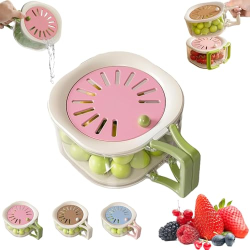2-in-1 Draining and Preservation Basket, Fruit Vegetable Washing Bowl with Strainer & Lid, Foldable Handle Lettuce Keeper for Kitchen Fridge Outdoor Picnic Camping (Pink)