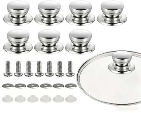 8 Pack Stainless Steel Pot Lid Knob Replacement, Saucepan Lid Knobs, Universal Pan Lid Handle Replacement with M5 Screws, Metal Washers, Rubber Gaskets, for Saucepan, Frying Pan and Glass Lids
