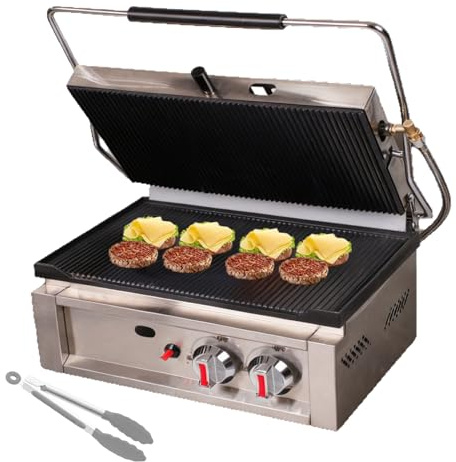 Pnpaea Parrilla EléCtrica De Contacto,Grill/Plancha Panini Y Sandwichera Profesional, Placas Acanaladas De Hierro Fundido Esmaltado,3000w, Acero Inoxidable ElectricHeating