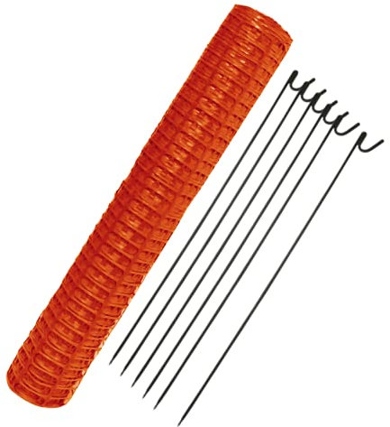Suregreen Barrier Mesh + 5 Steel Pins | 1m x 15m | Orange | 80g/m² | 1.2kg | Extra Light Duty, High Density, Reusable, Recycled Plastic, Temporary Barrier Fencing