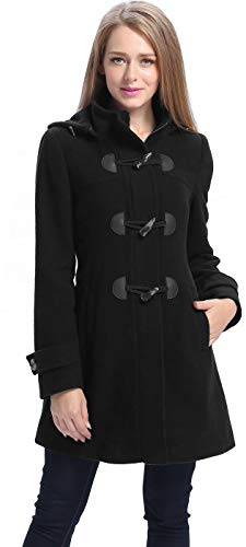 BGSD Women Daisy Wool Blend Hooded Toggle Walking Duffle Coat (Also available in Plus Size and Petite), Black, Medium
